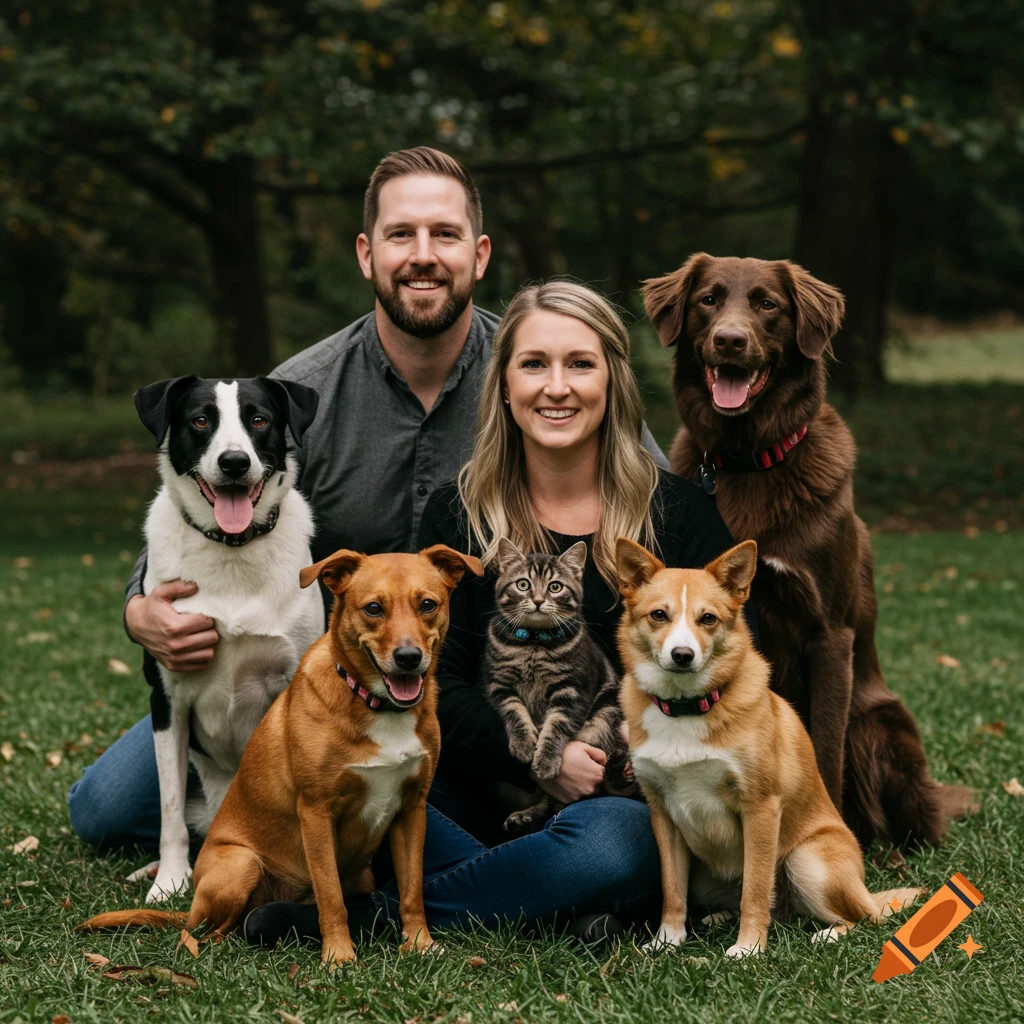 Family portrait of a man and woman with four dogs and a cat sitting on grass