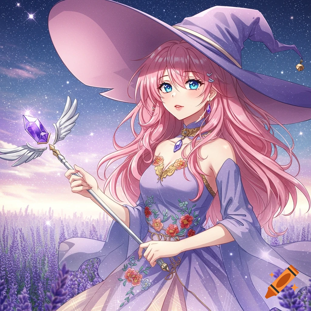 Anime witch with pink hair and purple dress holding a staff in a lavender field under a starry sky.