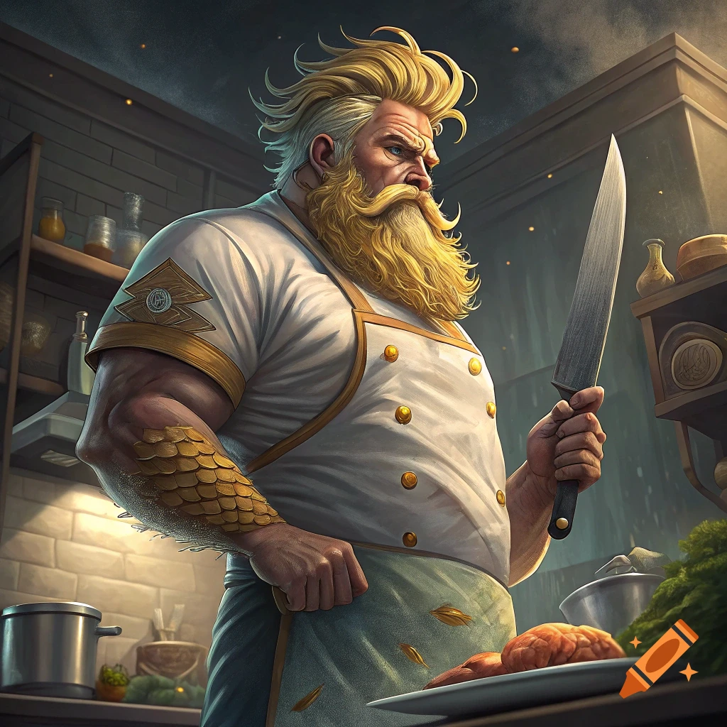 Stylized depiction of a large, muscular chef with a gold beard holding a knife in a kitchen.