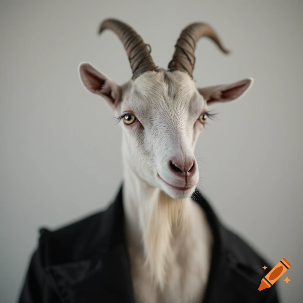 A photo portrait of a white goat wearing a black jacket.