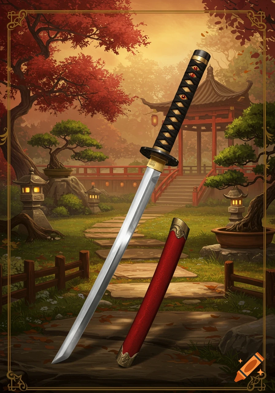 A katana stands upright in a Japanese garden with a pagoda and fall foliage, in a fantasy art style.