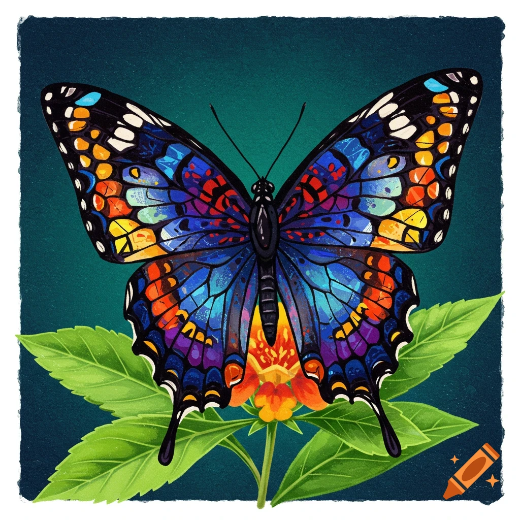 A colorful mosaic butterfly with dark blue and black on a flower.