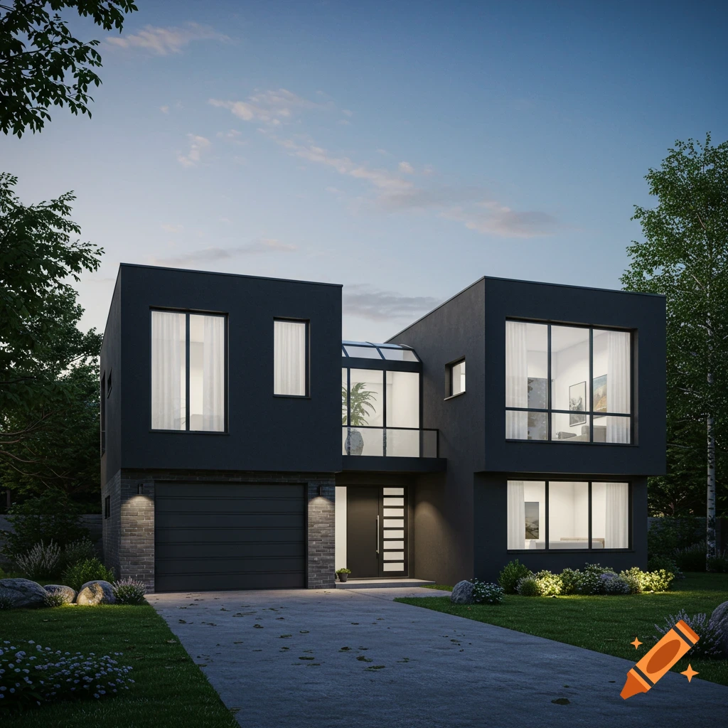 A modern dark house with a garage and large windows at dusk
