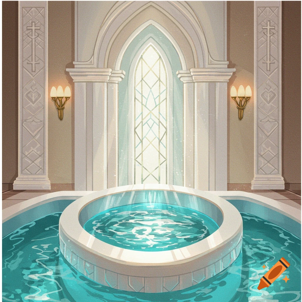 A religious baptismal font sits in a sunlit room with columns and a large arched window.