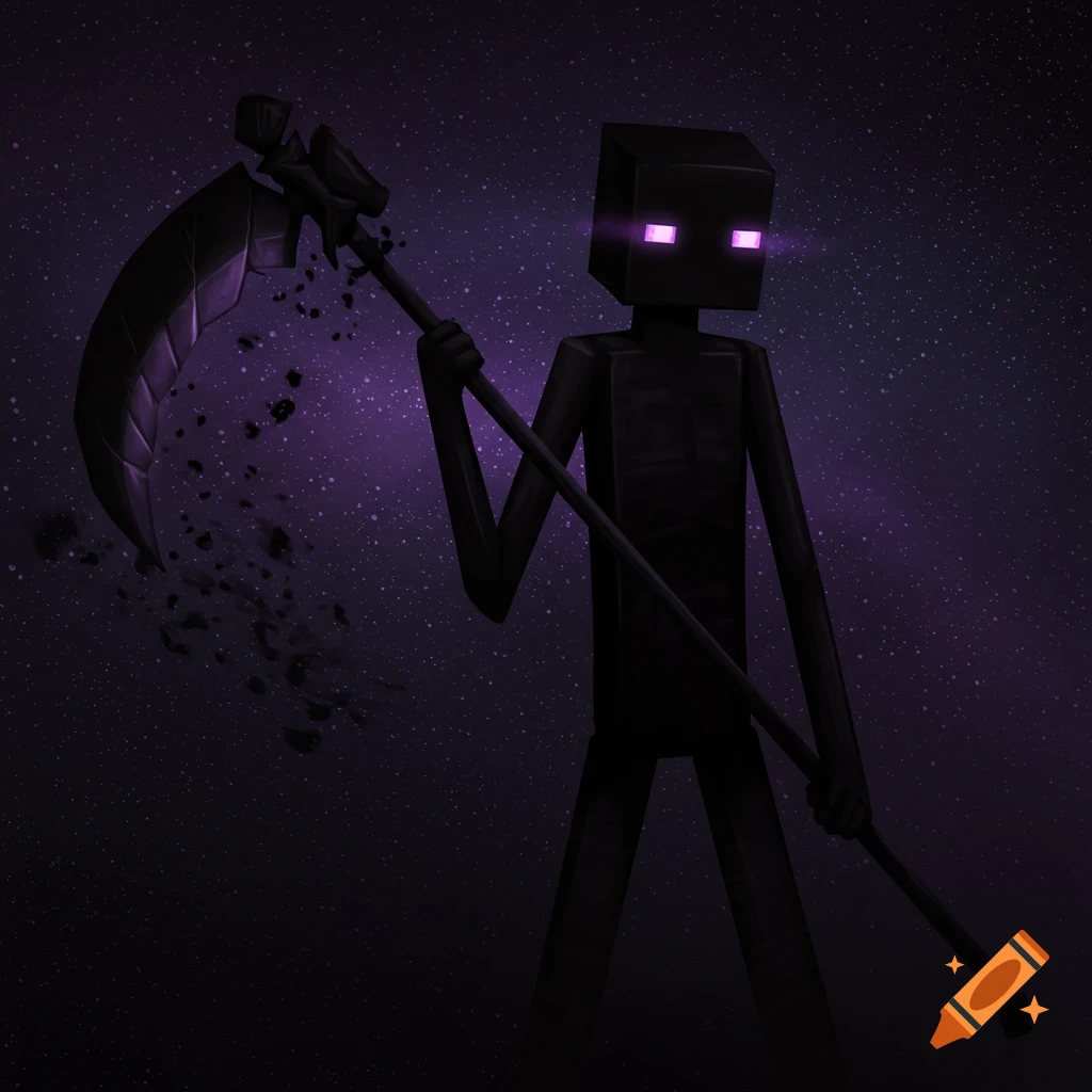 A Minecraft Enderman holding a scythe in space