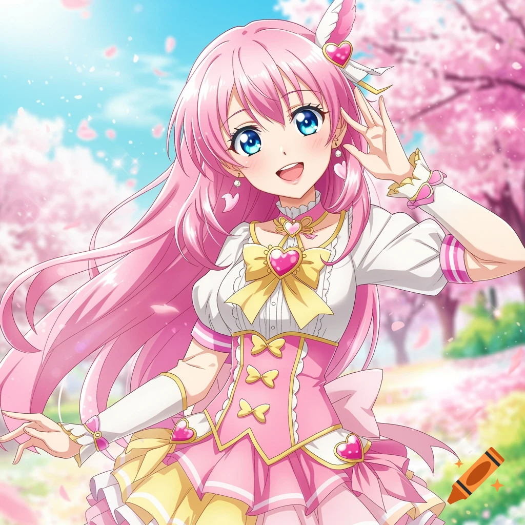 Anime girl with pink hair and blue eyes in pink dress among cherry blossoms.
