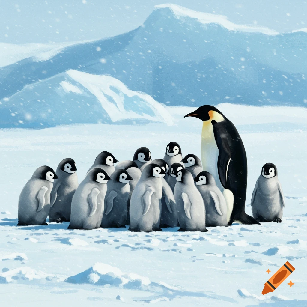 A group of penguins standing in a snowy landscape with mountains.