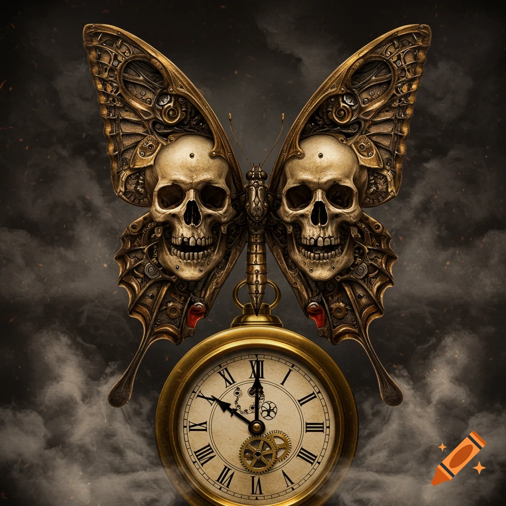Steampunk butterfly with skull wings perched on a pocket watch against a smoky background.