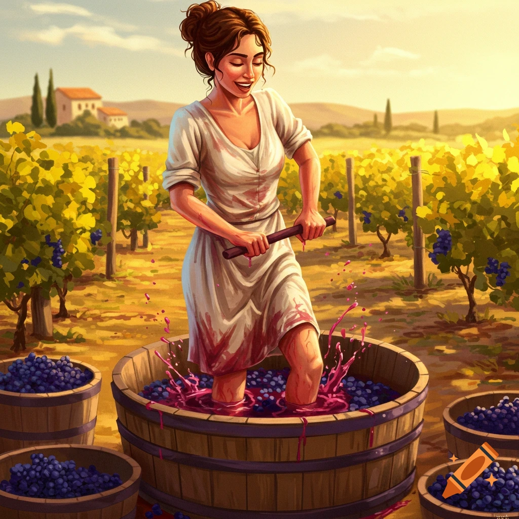 A woman stomping grapes barefoot in a barrel in a vineyard.