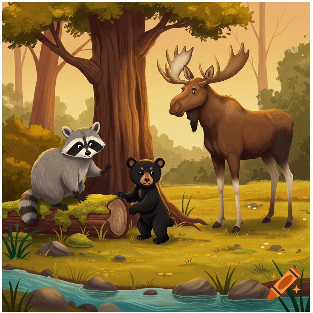 A raccoon, bear cub, and moose in a forest setting.