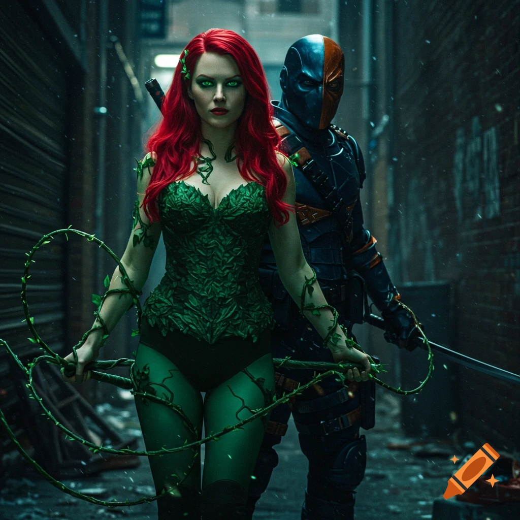 Poison Ivy and Deathstroke stand together in a dark alleyway.