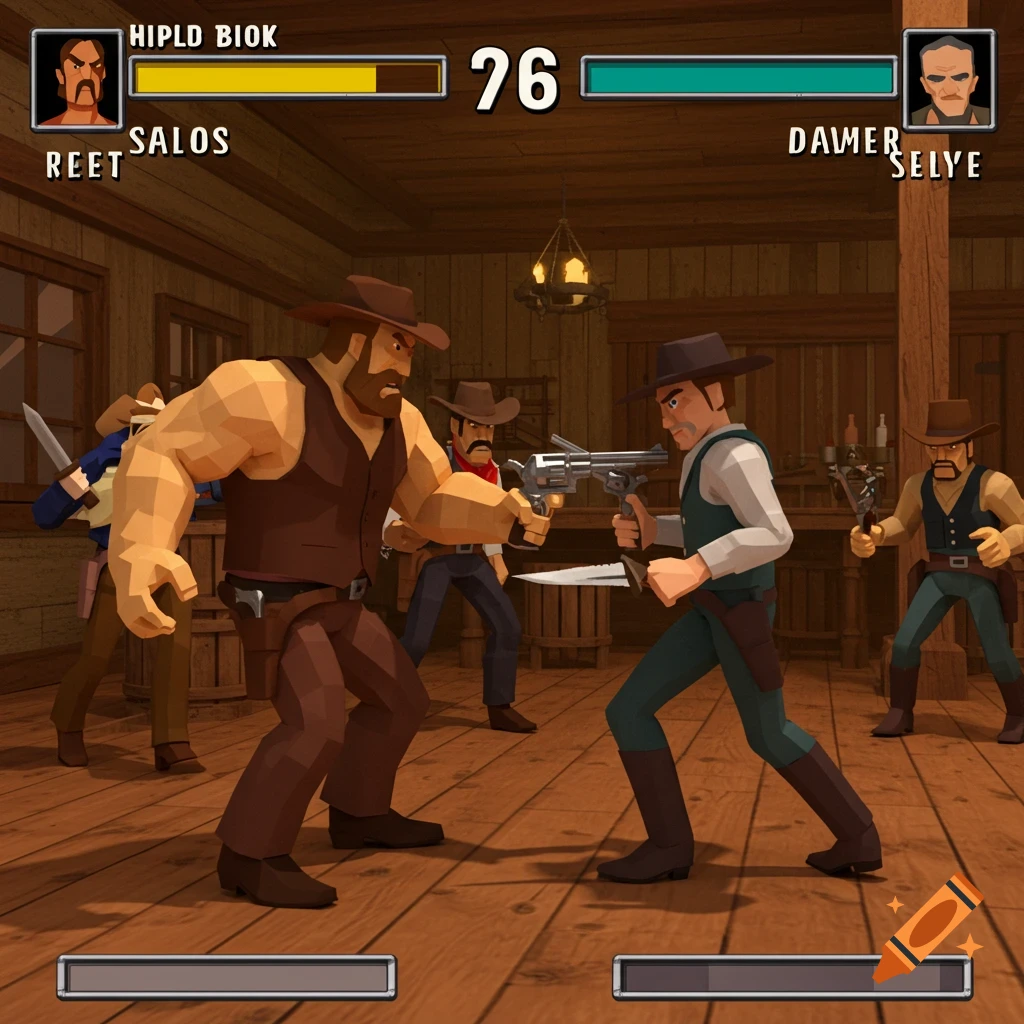A screenshot from an old 3D fighting game set in the Wild West, showing low-poly cowboys fighting in a saloon.