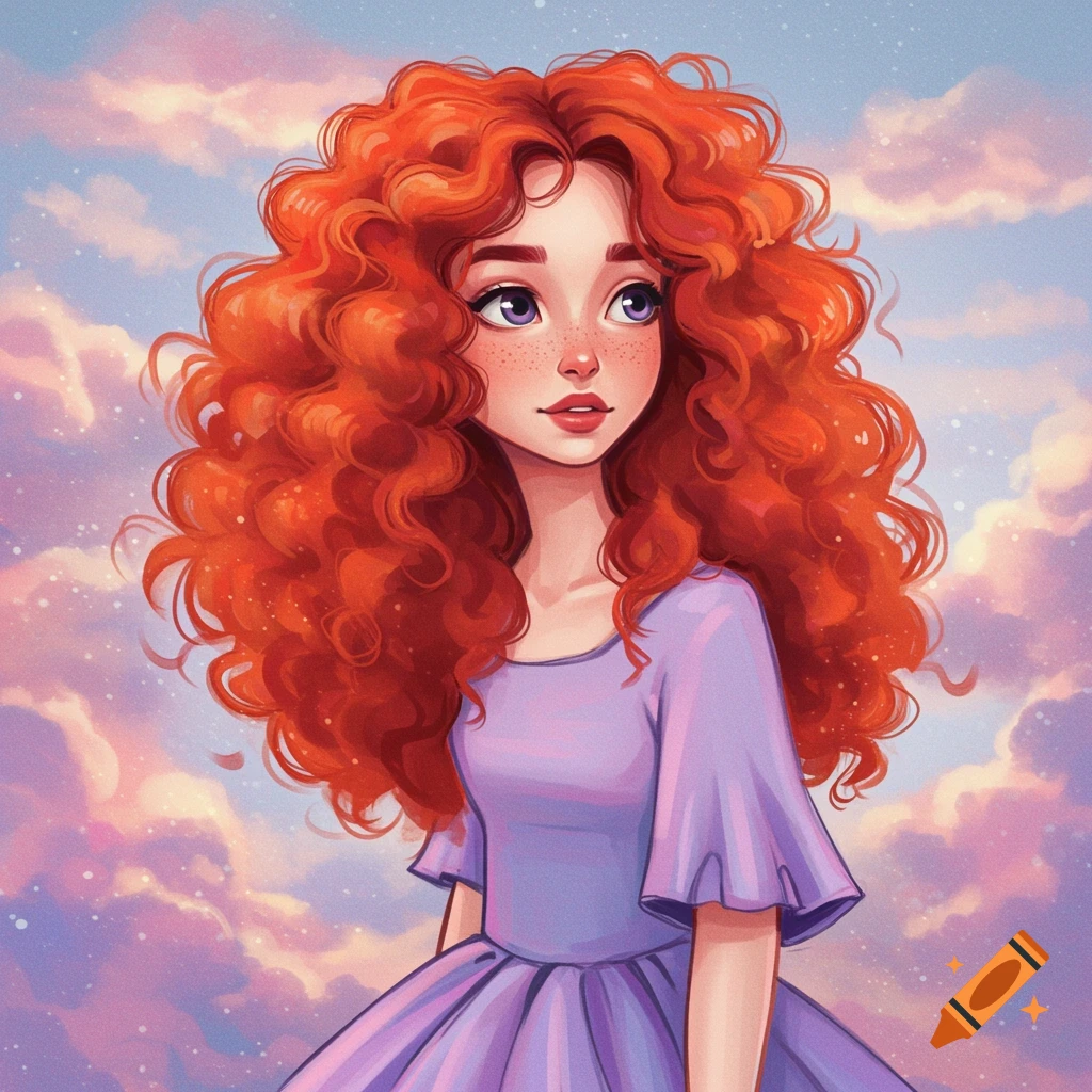 A young girl with vibrant red curly hair in a purple dress against a cloudy background.