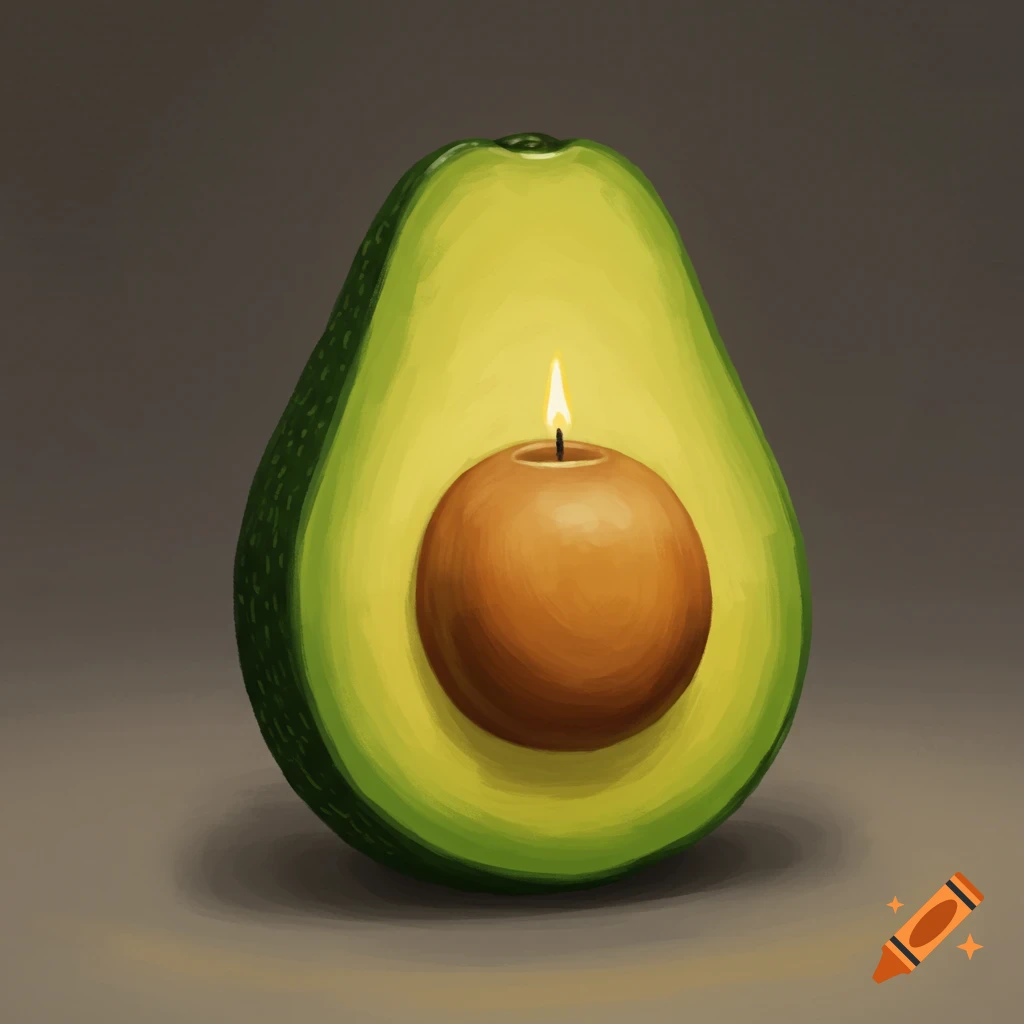 An avocado cut in half with a lit candle where the pit should be.