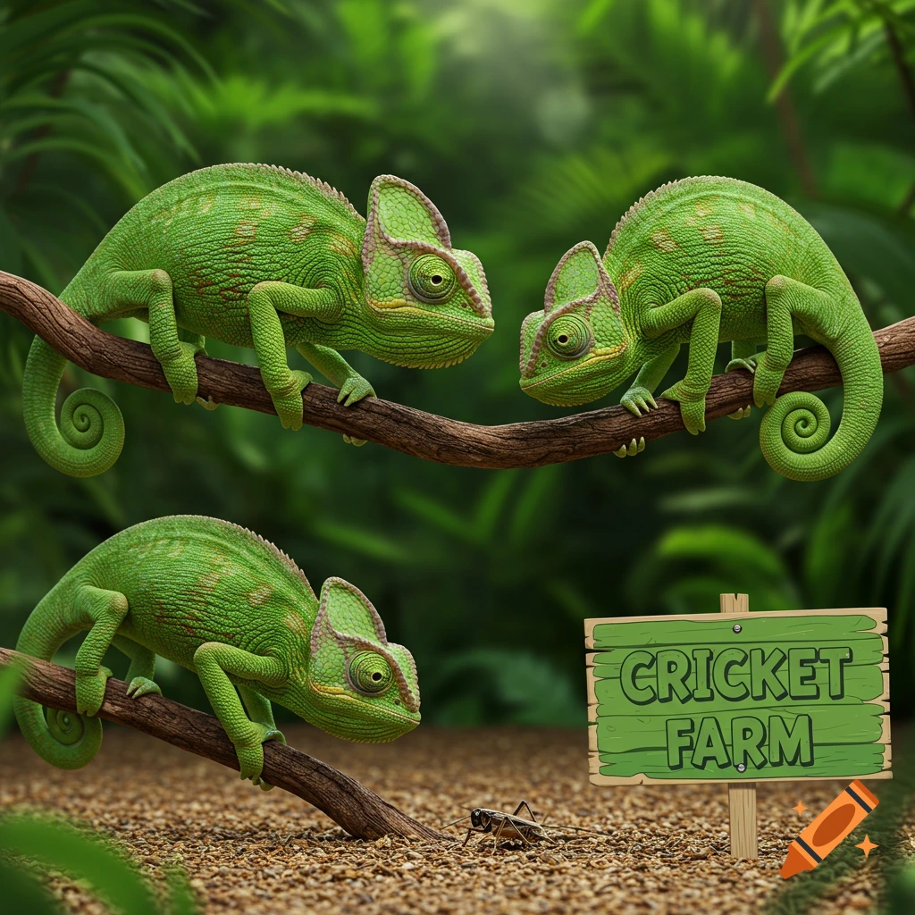 Three green chameleons on branches watch a cricket near a 'Cricket Farm' sign.
