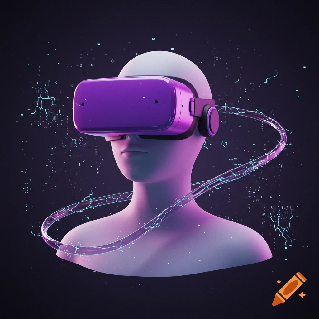Stylized head wearing a purple VR headset with digital data streams swirling around.