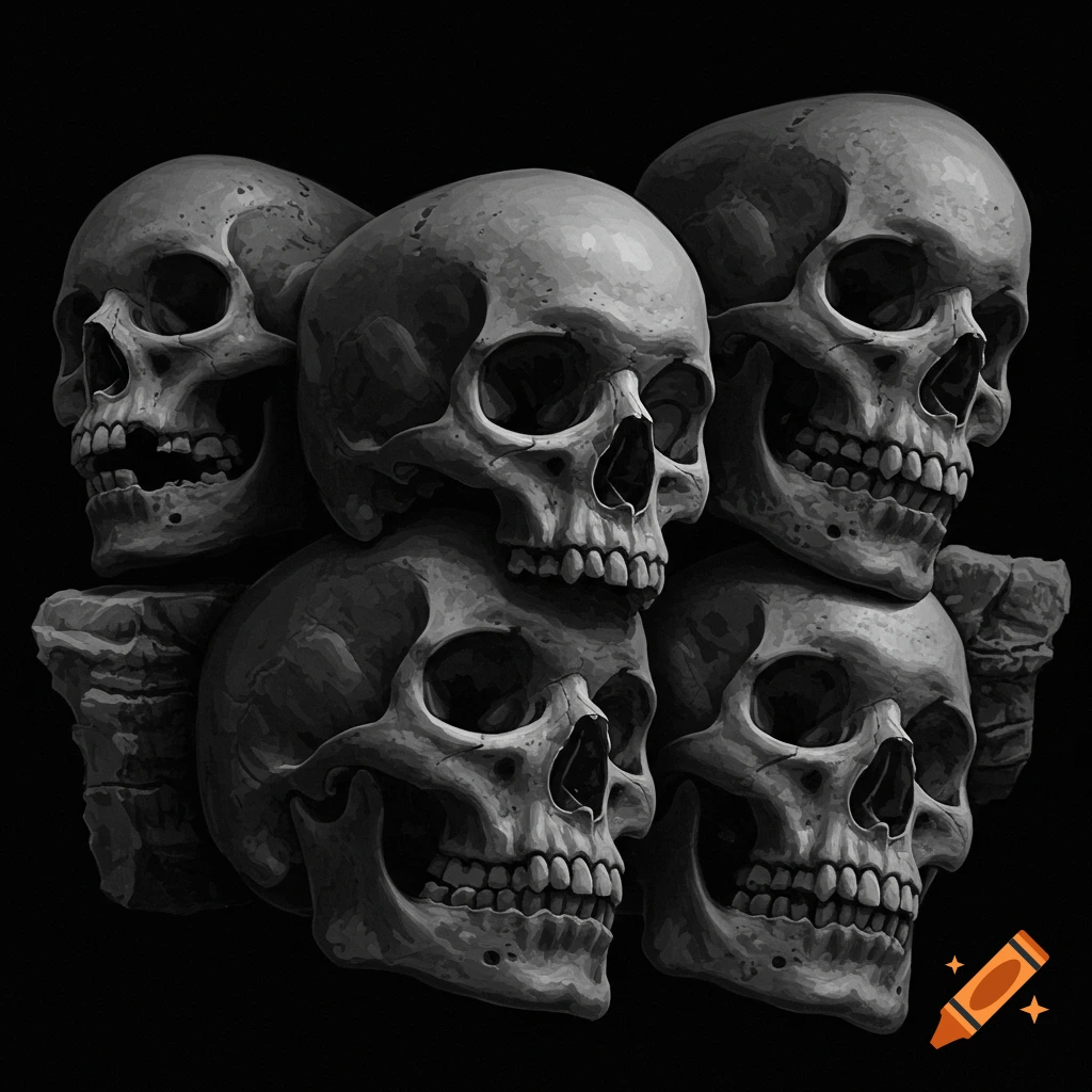 A pile of grayscale skulls on a black background.