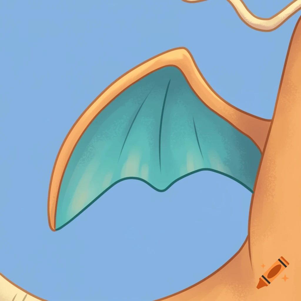 Cartoon close-up of a blue and orange Dragonite wing against a light blue background.