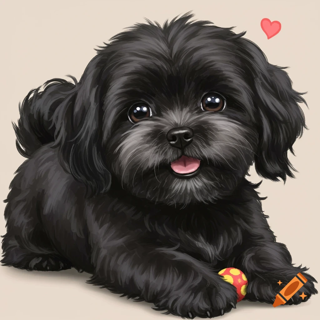 A cute black dog lies down, pawing a red and yellow ball, with a red heart above its head.