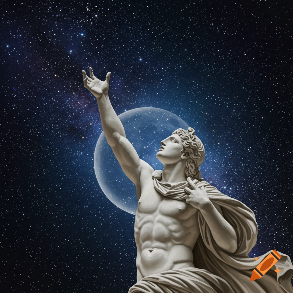 Marble statue reaching towards stars and moon in space
