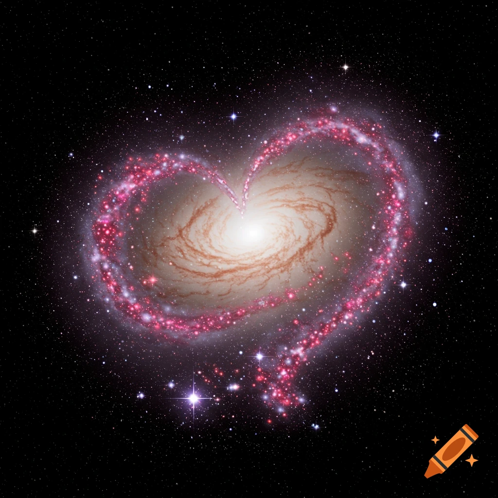 A spiral galaxy surrounded by stars forming a pink heart shape.