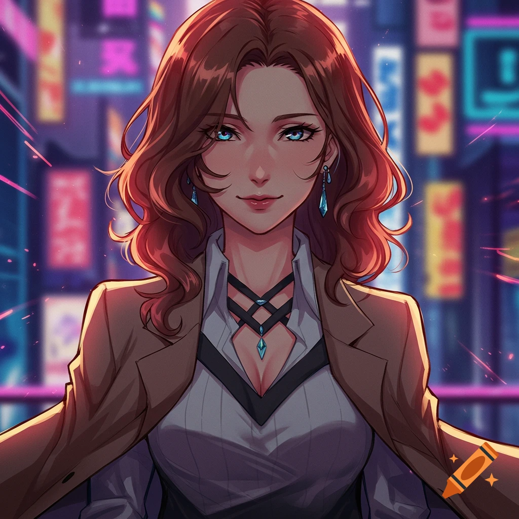 An anime-style illustration of a woman in a suit jacket with a city lights background.