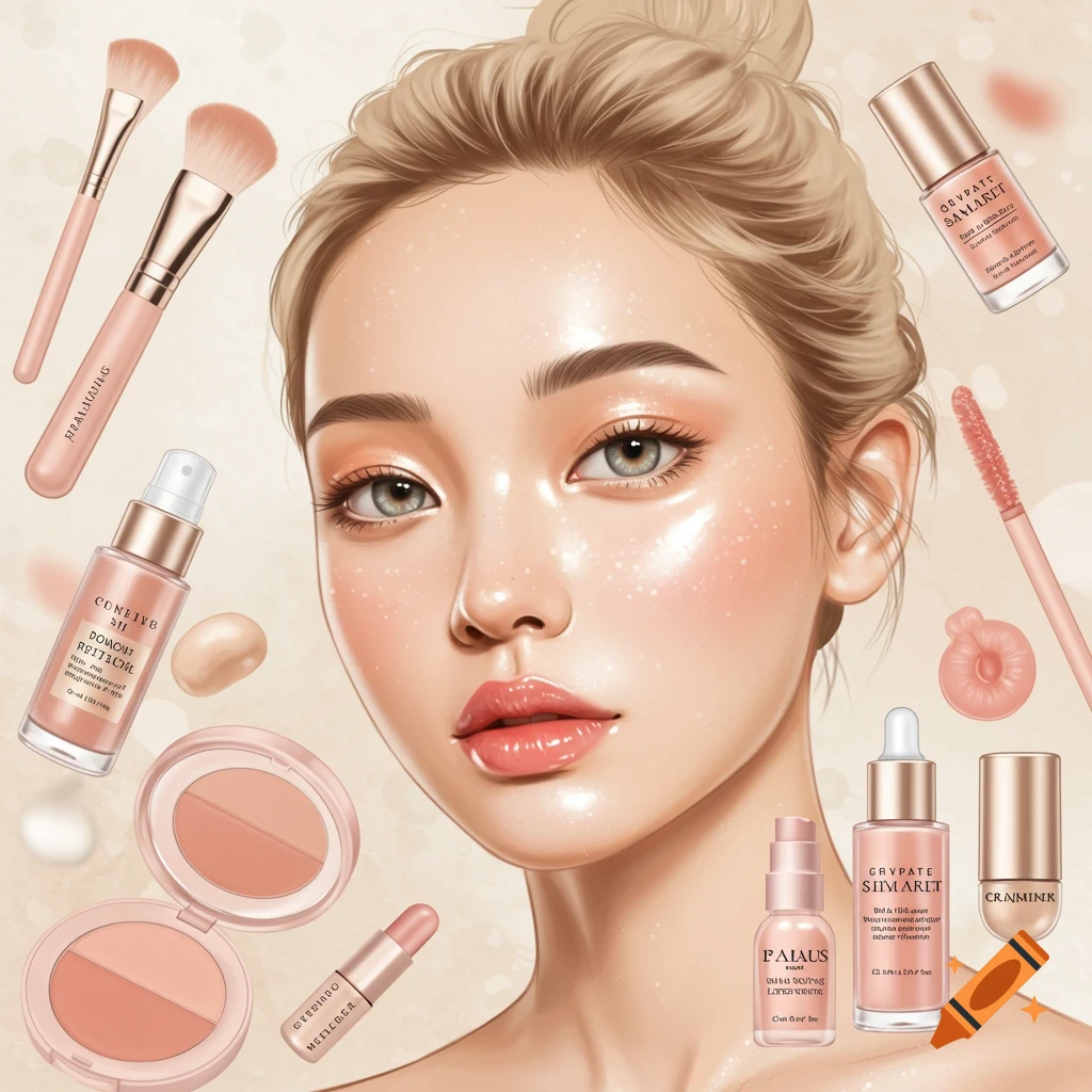 Stylized depiction of a woman's face surrounded by makeup products.