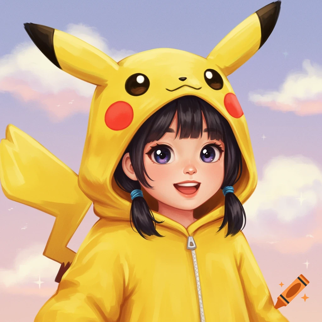 A young girl in an anime style wearing a Pikachu costume