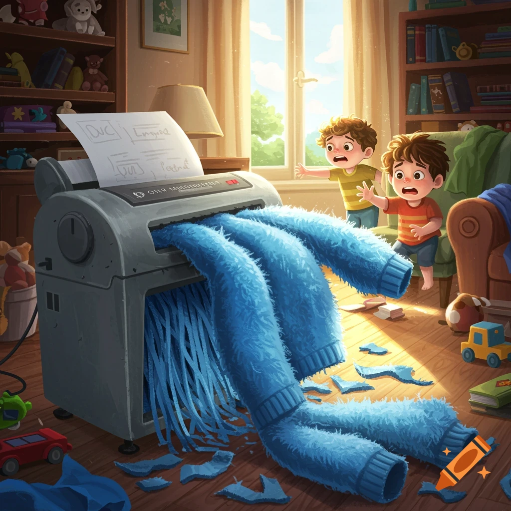 Whimsical illustration of a large paper shredder devouring a blue sweater while two young boys react in a cluttered room.