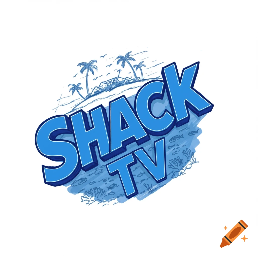Blue text 'Shack TV' angled over sketchy outlines of an island with palm trees and tropical fish and coral.