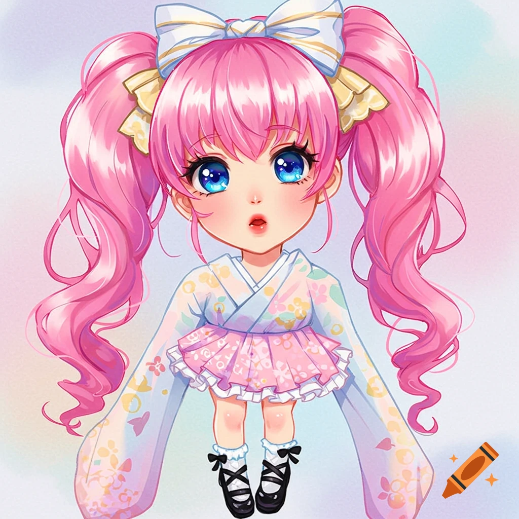 A chibi anime girl with pink hair in pigtails, kimono top, and ruffled skirt.
