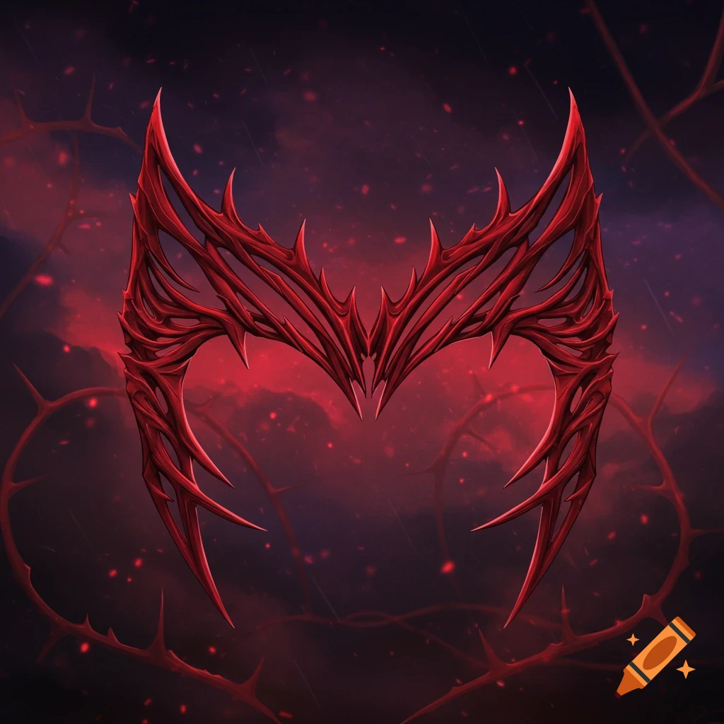A red, thorny crown is depicted against a dark red and purple atmospheric background.