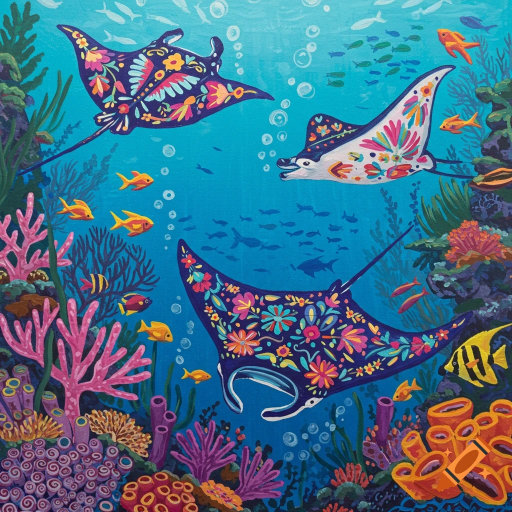 Colorful manta rays decorated with floral patterns swim among a vibrant coral reef.