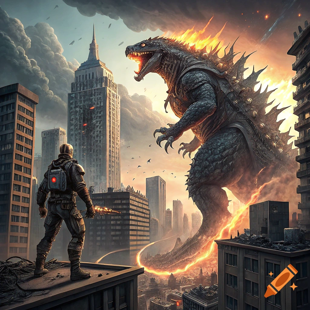 Giant monster battles a lone figure on a rooftop in a ruined city.