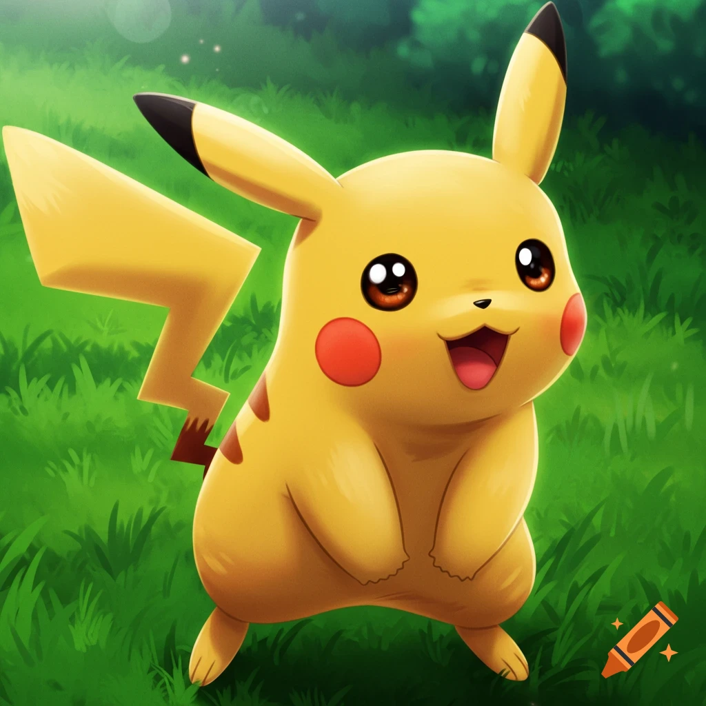 Cute illustration of a smiling Pikachu standing in green grass.