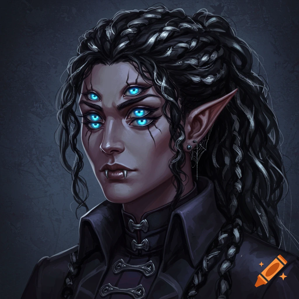 Portrait of a fantasy character with four glowing blue eyes, elf ears, and fangs, wearing gothic clothing.