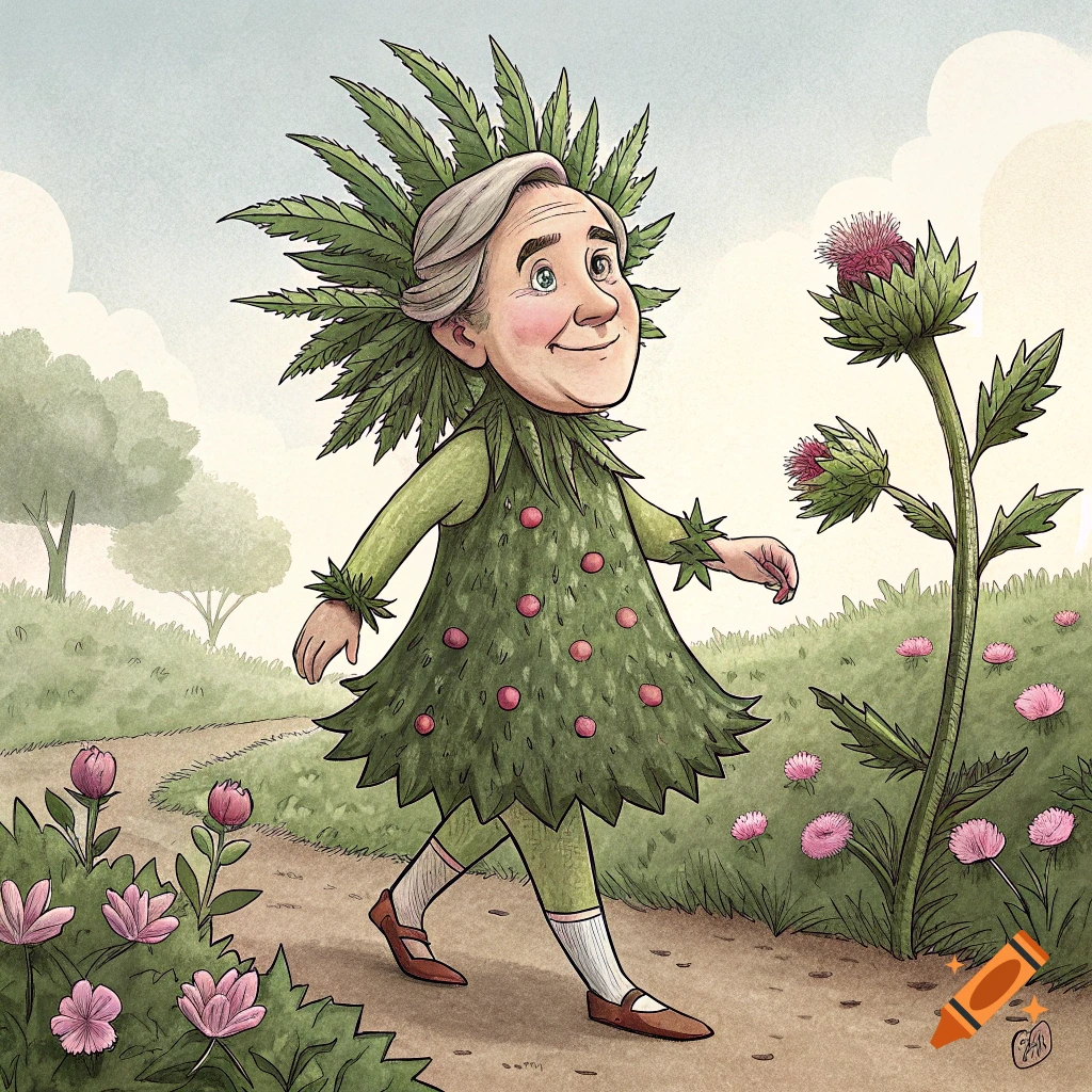Watercolor illustration of a person with George W. Bush's face dressed as a walking plant creature in a field.