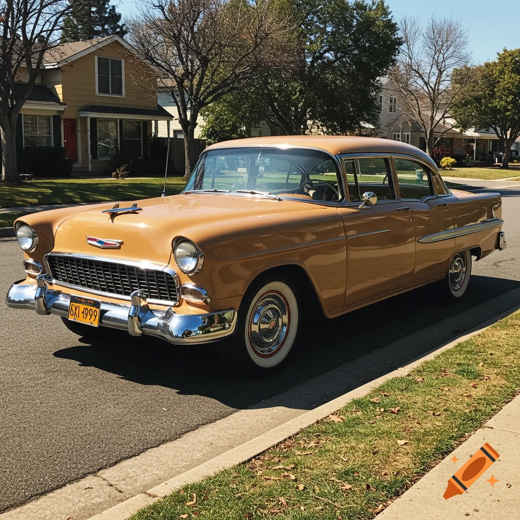 A tan 1955 Chevrolet sedan is parked on a residential street on a sunny day.