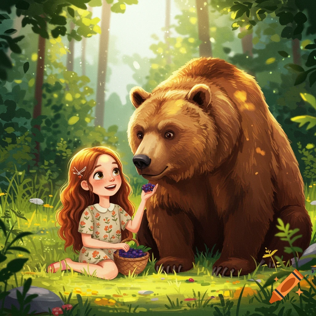 A young girl feeds berries to a friendly brown bear in a sun-dappled forest clearing.