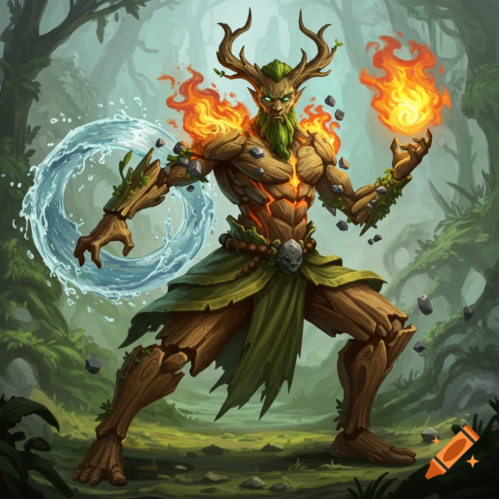 A fantasy druid creature made of wood, fire, water, and stone stands in a forest in a martial arts pose.