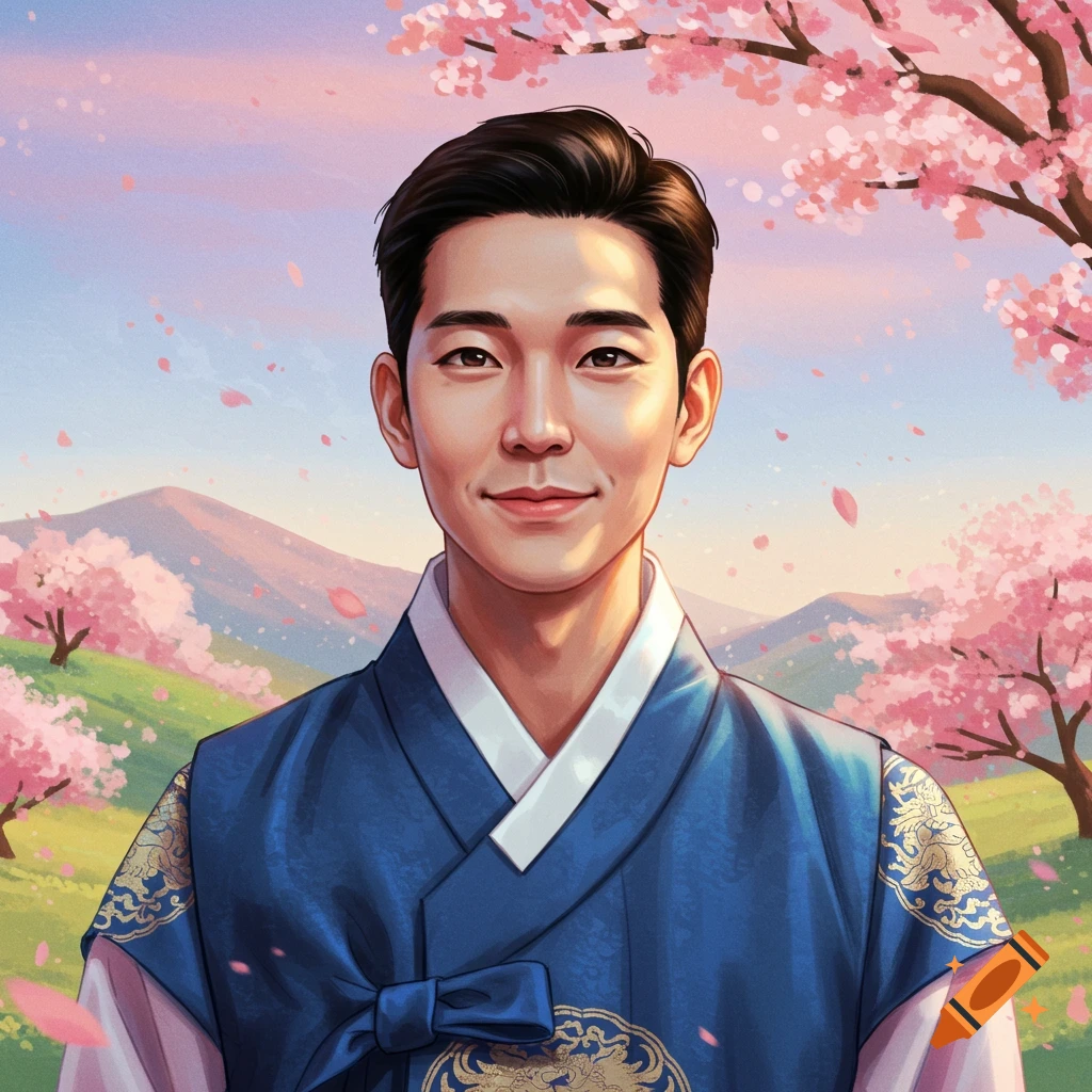 A man in blue Hanbok standing among cherry blossoms and mountains.