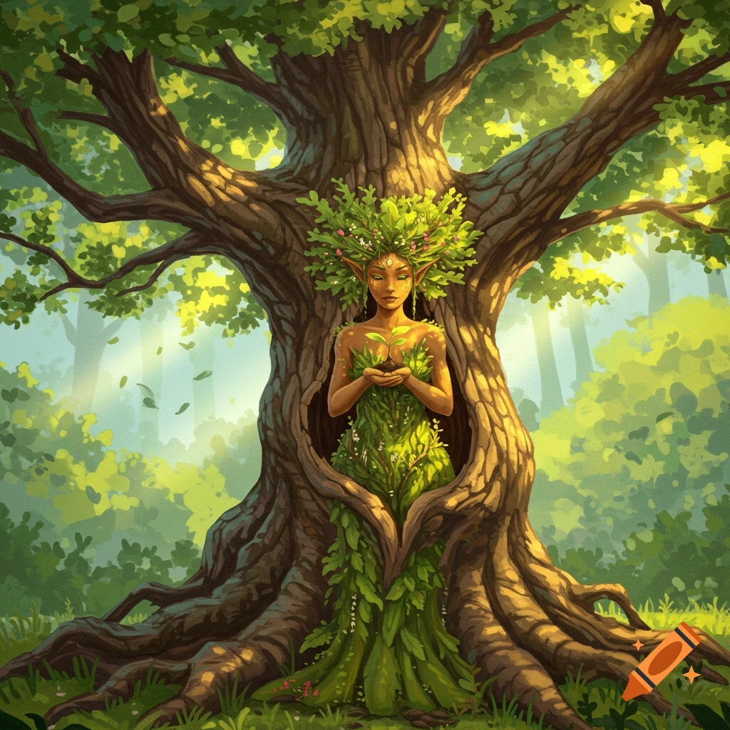 Nature goddess emerging from a tree trunk in a forest