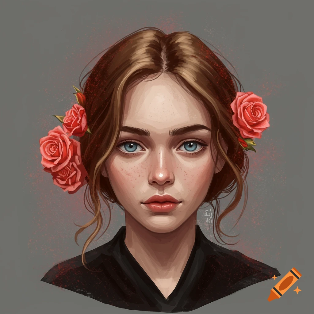 A woman with brown hair and blue eyes, with roses in her hair, is posed against a grey background.