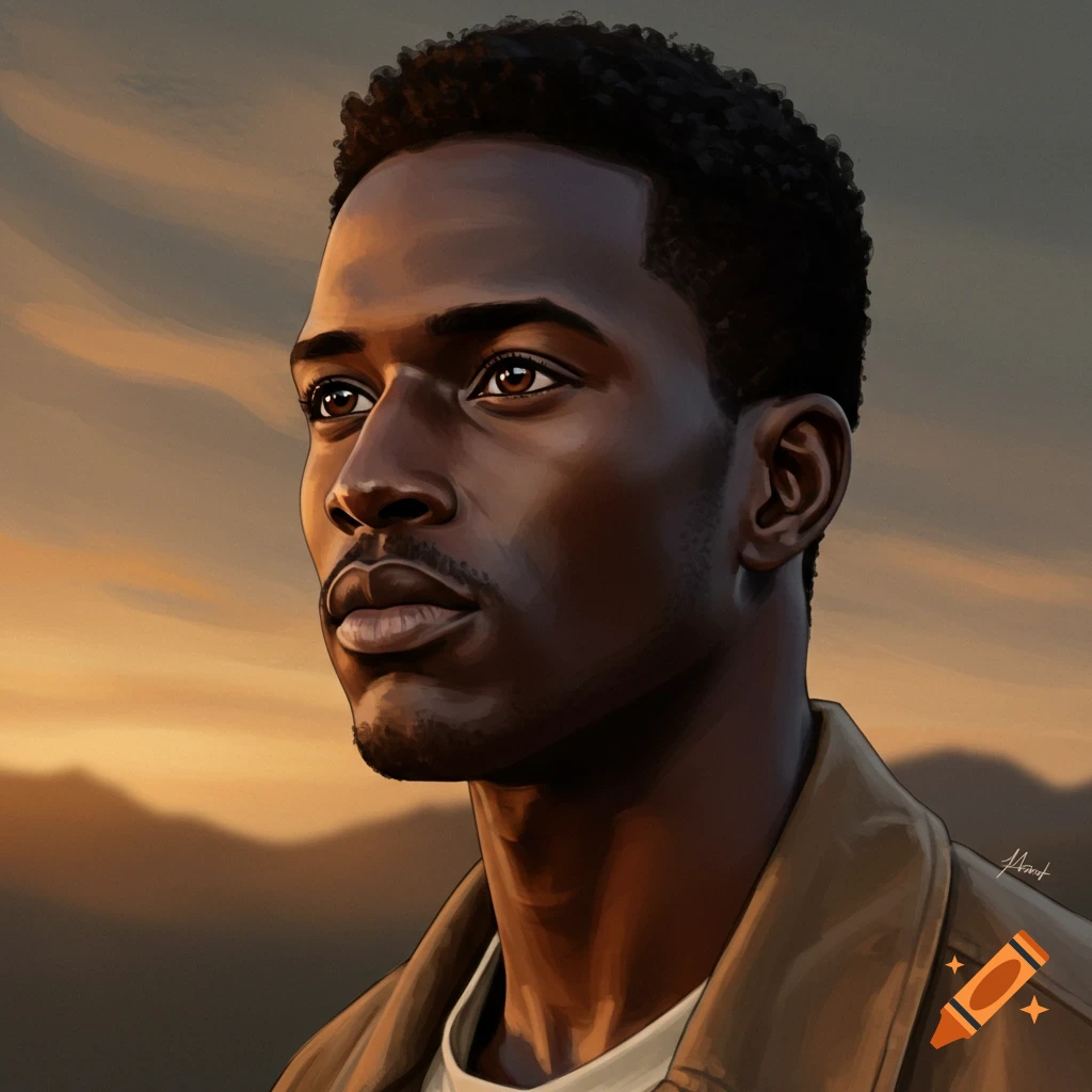 A black man is looking up against a sunset sky.