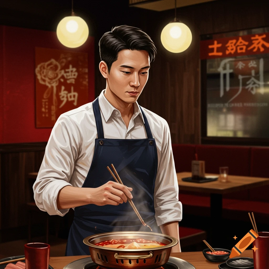 A young Asian man is cooking hotpot in a restaurant.