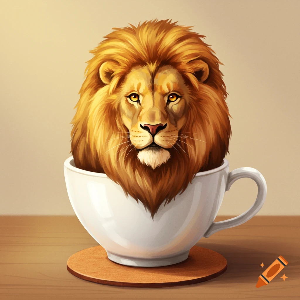 A lion's head and mane in a white teacup on a coaster.