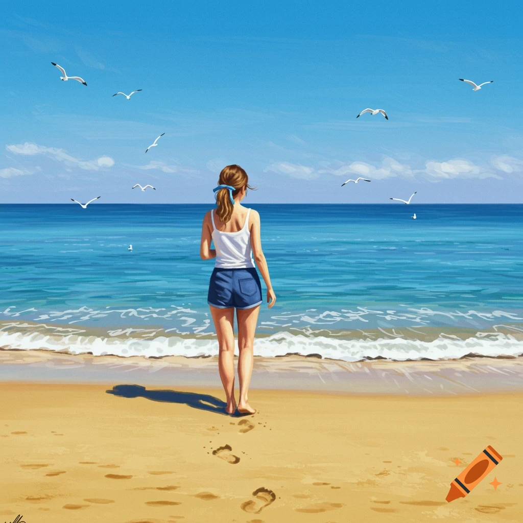 A woman standing on a beach, looking at the ocean with seagulls overhead.