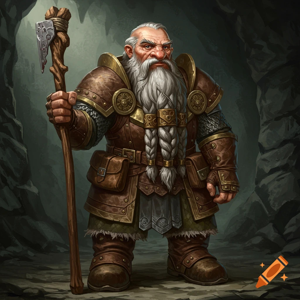 An old dwarf in leather armor holds an axe-staff in a cave.