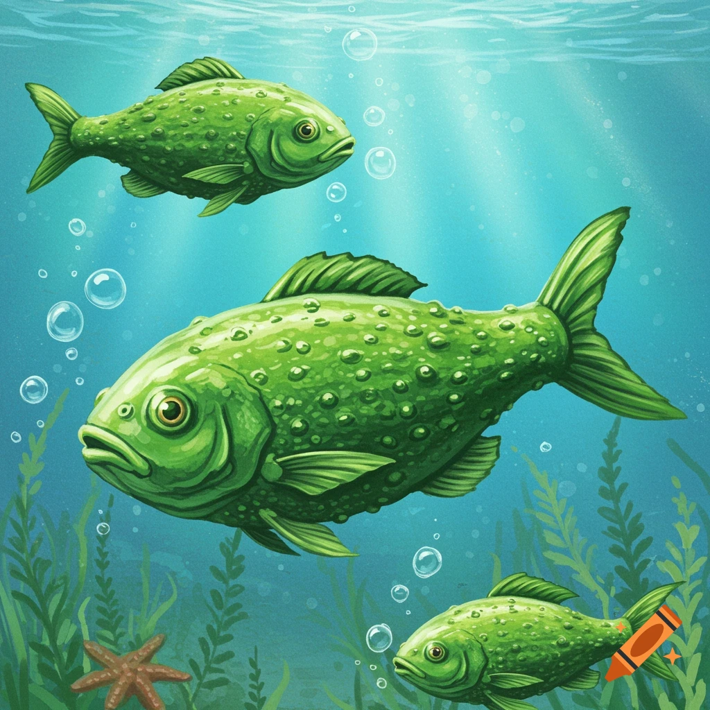 Three bumpy green fish swim in a surreal underwater scene.