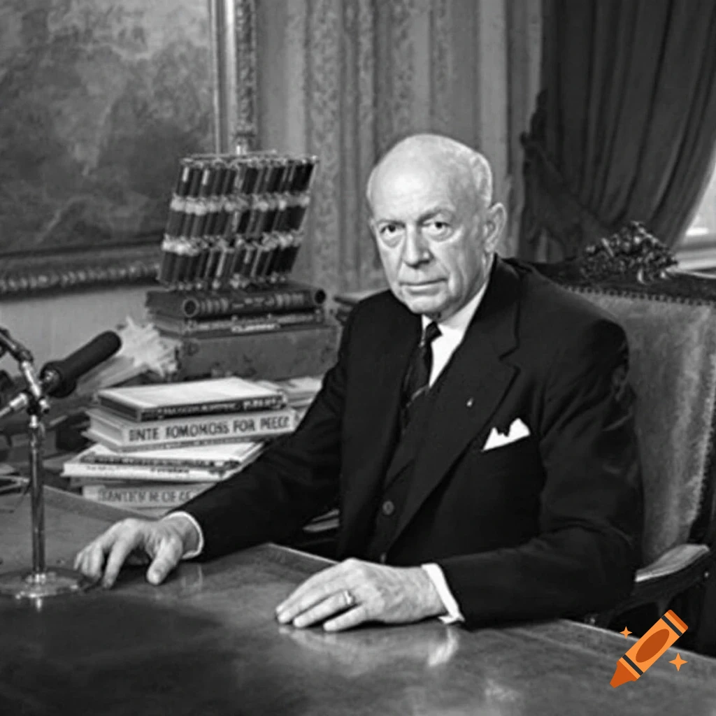 Black and white photo of a man in a suit sitting at a desk with books.